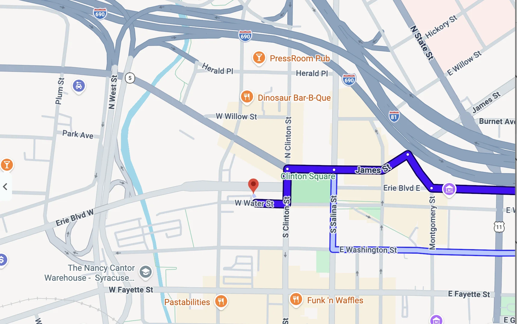 Map of downtown Syracuse with the pub marked on W Water St, just west of Clinton Square